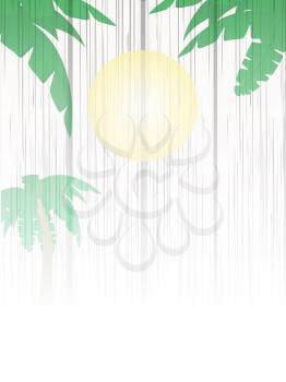 White Wood Shaded Panel with Summer Scene Sun Palm Tree and Palm Trees Leafs Copy Space