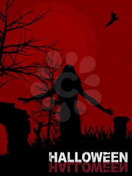 Dark Red Halloween Background with Female Zombie Silhouette Walking in a Graveyard and Decorative Text