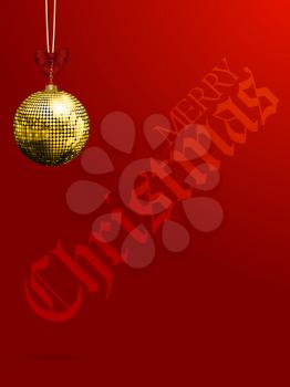 Red Festive Portrait Background with Golden Disco Ball Bauble and Bow and Decorative Merry Christmas Text