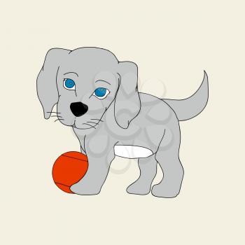 Hand Drawn Cute Puppy Dog with Blue Eyes and Red Ball Background