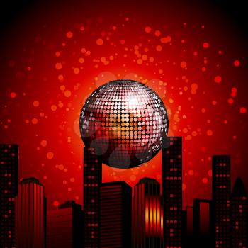 Abstract City Landscape with Red Disco Ball Over Red Background