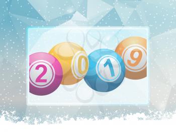 3D Illustration of Bingo Lottery Balls with 2019 in Numbers on a Ice Background with Snow