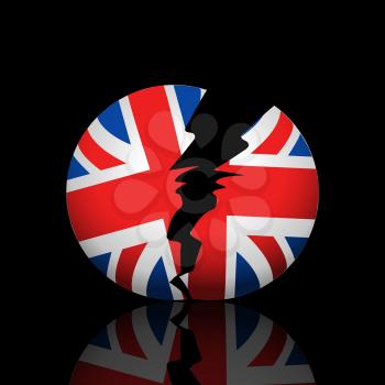 Broken Ball with British Flag and Reflection Over Black Background