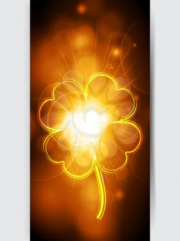 Vertical Golden Glowing Panel with Fluorescent Neon Lucky Shamrock Over White Background