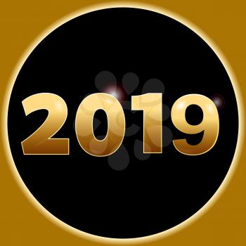 3D Illustration of New Year 2019 in Golden Numbers with Lens Flares and Lights Over Circular Black Border