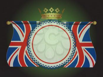 Union Jack Flags with Golden Crown and Rosette Blank Banner Over Black and Green Background