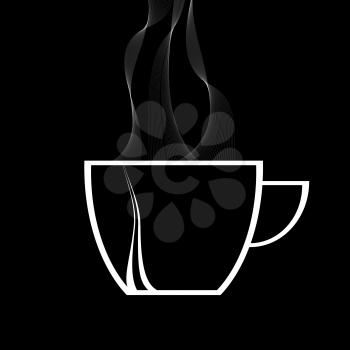 White Silhouette of Decorated Coffee Cup with Steam Over Black Background