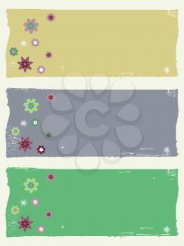 Trio Of Grunge Floral Panels Copy Space With Flowers and Stars Over Portrait Background