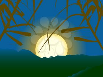 Sunset or Sunrise Serene Scene with Close Up Plants and Big Sun Over Mountains Background