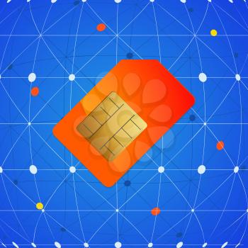 Red Orange Sim Mobile Phone Card Over Blue Network Background