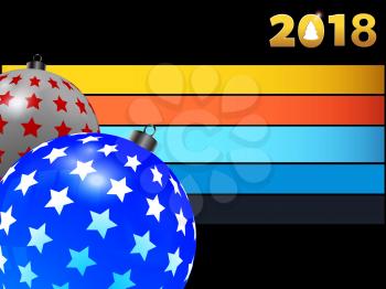 3D Illustration of Blue and White Christmas Baubles with Stars Over Black Background and Coloured Stripes and twenty eighteen in Golden Numbers