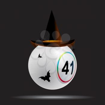 3D Illustration of White Bingo Lottery Ball with Halloween hat and Bats Over Black Background