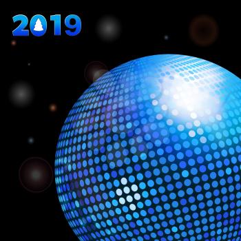 3D Illustration of Glowing Black Background with Decorative 2019 New Years and Blue Disco Ball