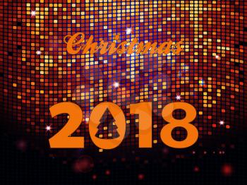 Christmas 2018 Decorative Text with Abstract Tree Over Golden Glowing Disco Wall Tiles Background