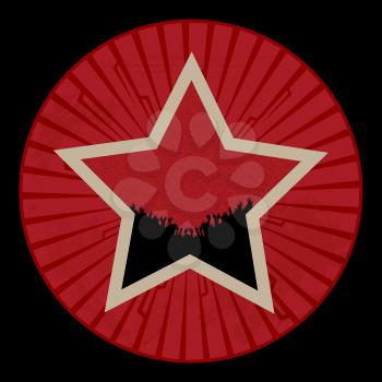 Vintage Red Star with Brown Border and Silhouette Crowd Over Circular Red Border and Black Background
