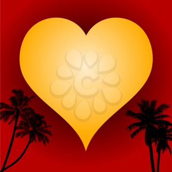 Valentine Yellow Love Heart Over Red Background with Tropical Palm Tree Silhouettes