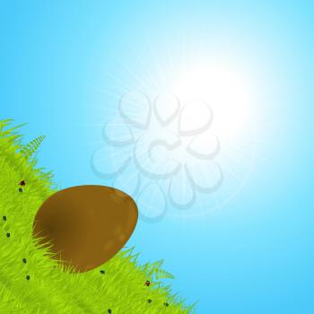 3D Illustration Of a Chocolate Easter Egg Rolling Down a Green Hill Over Sunny Blue Sky