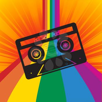 Black Vintage Silhouette of Music Tape Cassette with Notes Over Multicoloured Striped Background