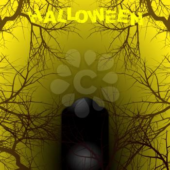 Halloween Yellow and Black Background Copy Space with Branches Tombstone and Decorative Text