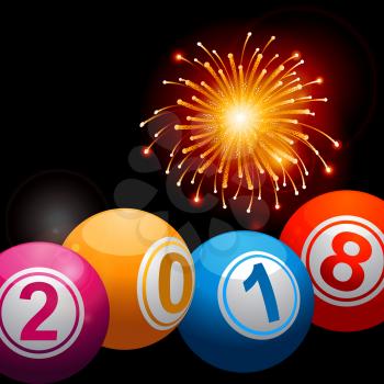 3D Illustration of Bingo Lottery Balls with 2018 New Years Date Over Black Background with Fireworks
