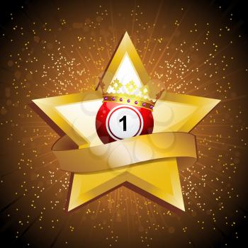 Red Bingo Lottery Ball Number 1 with Crown on Golden Star with Blank Banner Over Golden Star Burst Background