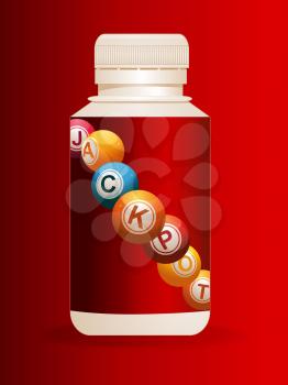 3D Illustration of Plastic Pills Bottle with Bingo Jackpot Balls Label Over Red Velvety Background