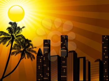 Silhouette of a Tropical City Sunset with Buildings and Palm Trees