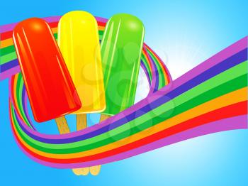 Red Yellow and Green Ice Lollies Wrapped in a Rainbow Over Blue Sunny Sky Background