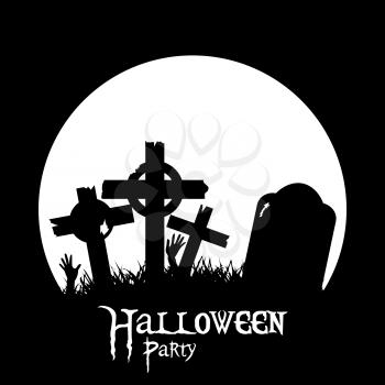 Halloween Silhouette Background with Cemetery Crosses Zombie Hands and Decorative Text