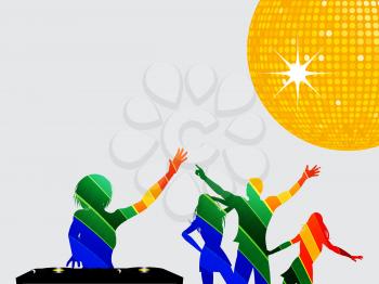 Multicoloured Silhouettes of Female DJ with Records Deck and Dancing People Over Gray Background with Yellow Disco Ball