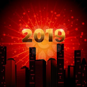Red and Yellow Star Burst Background with Abstract City Landscape and Golden 2019 in Numbers