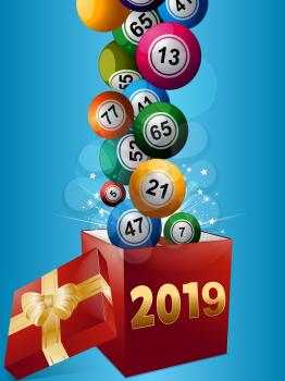 3D Illustration of Bingo Lottery Balls Popping Out From a Red Gift Box with 2019 in Numbers and Ribbons and Bow Over Blue Background