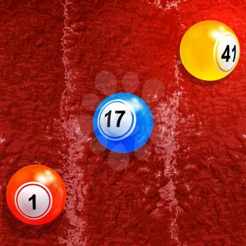 3D Illustration of Bingo Lottery Balls and Shadow Over Textured Red Paint Background