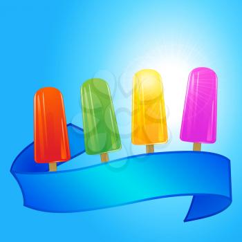 Ice Lollies and Blank Blue Banner Over Sunny Blue Sky Background