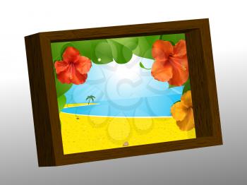 3D Illustration of a Wooden Frame with Summer Picture of Beach and Hibiscus Flowers