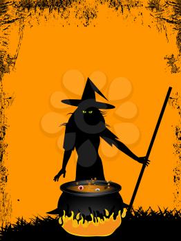 Halloween Spooky Witch with Green Evil Eyes on Front of Cauldron Over Yellow Grunge Background