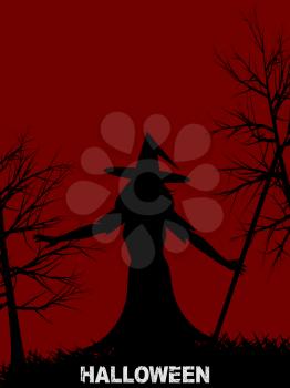 Halloween Red Background with Silhouette of a Witch with Hat creepy trees and decorative text