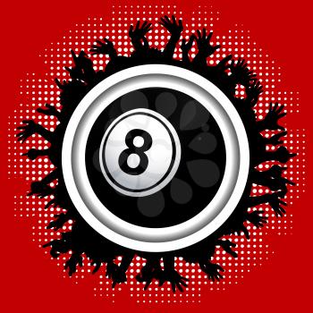 Number Eight Black Bingo Lottery Ball Over White Border with Crowd Silhouette on Red Background