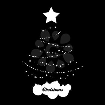Abstract White Silhouette of Christmas Tree with Stars Baubles and Decorative Text Over Black Background