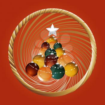 Festive Red Background with Christmas Tree Made of Baubles with Stars Over Golden Circular Twisted Border