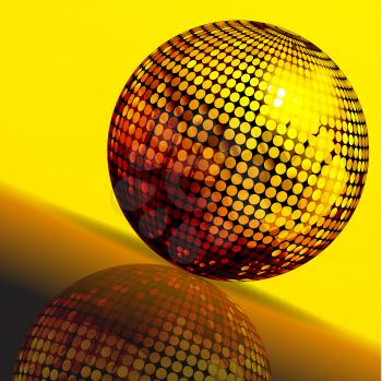 3D Illustration of Golden Disco Ball with Reflection Over Yellow and Brown Background
