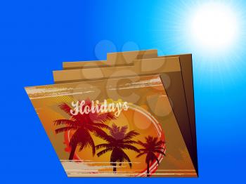 Manila Brown Folder with Printed Holidays Word Palm Trees and Abstract Sun Over Sunny Blue Sky Background