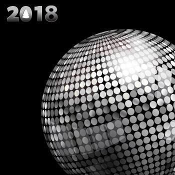 3D Illustration of Silver Disco Ball and 2018 Twenty Eighteenth in Silver Numbers with Tree Over Black Background