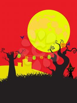 Cartoons Style Halloween Background with Creepy Tree cat Moon Graveyard and Lanterns