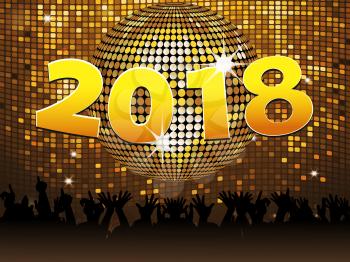 Twenty Eighteenth New Years in Golden Numbers Over Disco Ball on Golden Tiles Wall with Crowd