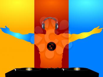 DJ Silhouette in Blue Red and Yellow with Record Decks Headphone and Music Note Logo on the Chest Over Yellow Red and Blue Background