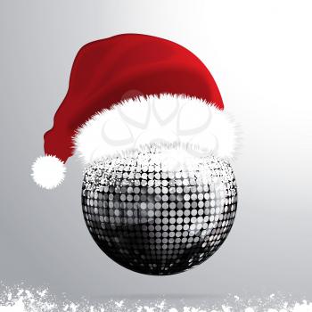 3D Illustration of Silver Disco Ball with Red Santa Hat and Snow over Gray Background