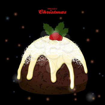 Christmas Pudding with Cherry and Holly Leafs Over Black Festive Glowing Background with Decorative Text