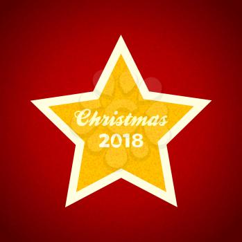 Yellow Star With Decorative Text Christmas 2018 Over Red Festive Textured Background