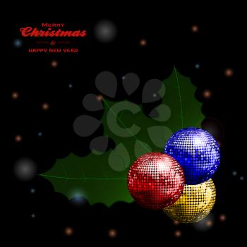 3D Illustration of Merry Christmas and Happy New Year Black Glowing Background with Decorative Text Disco Balls and Holly Leafs
